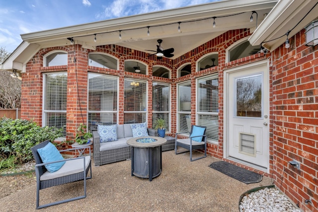 view of patio featuring ceiling fan and an outdoor hangout area