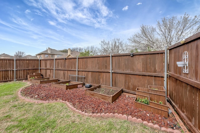 view of yard with a garden and a fenced backyard