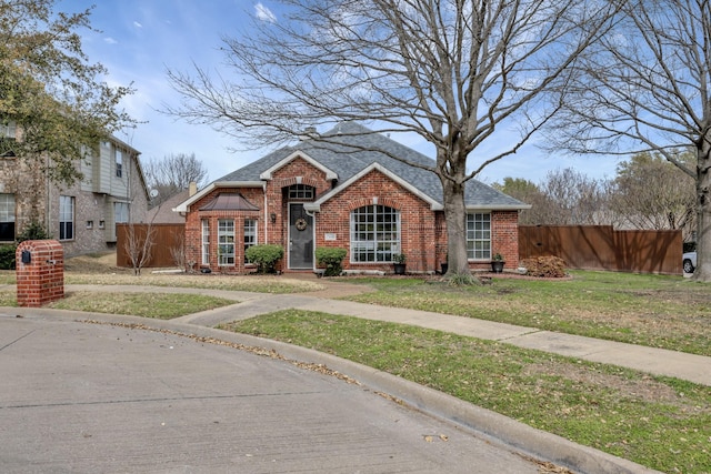 view of front of property with brick siding, a front lawn, roof with shingles, and fence