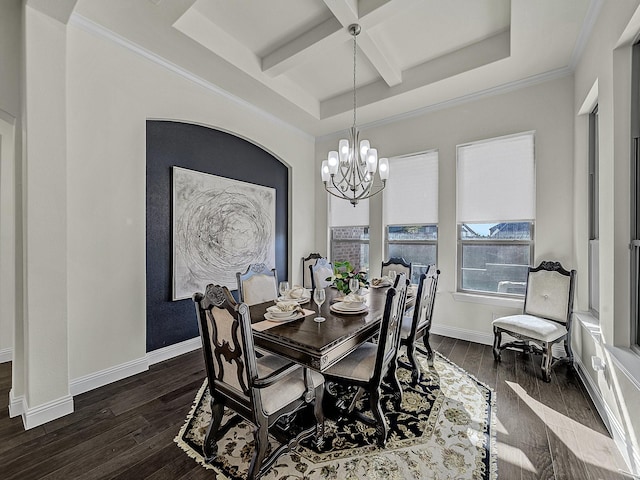 dining area featuring baseboards, a notable chandelier, dark wood finished floors, and coffered ceiling