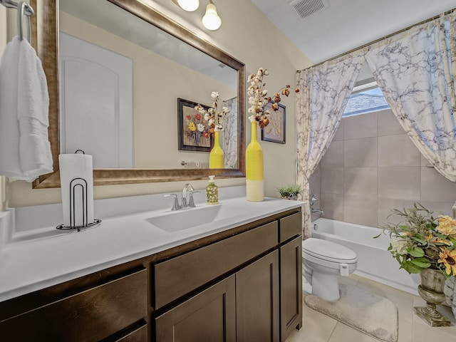 full bath featuring tile patterned flooring, visible vents, toilet, shower / tub combo, and vanity