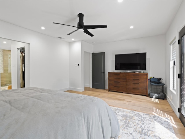 bedroom with visible vents, baseboards, recessed lighting, wood finished floors, and a ceiling fan