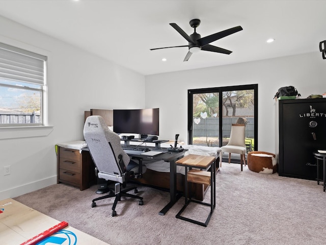 office featuring recessed lighting, baseboards, light carpet, and ceiling fan