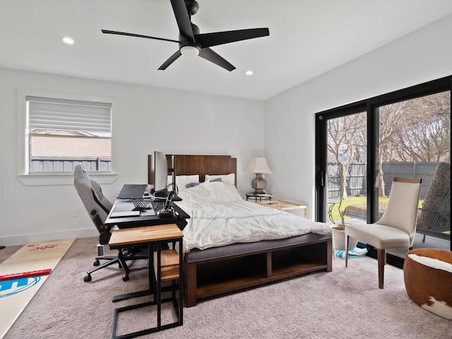 bedroom featuring recessed lighting, baseboards, carpet, and a ceiling fan