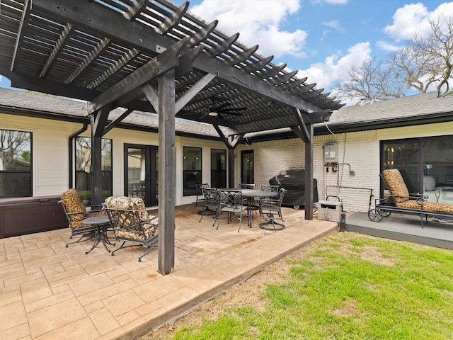 view of patio / terrace featuring area for grilling, outdoor dining space, and a pergola