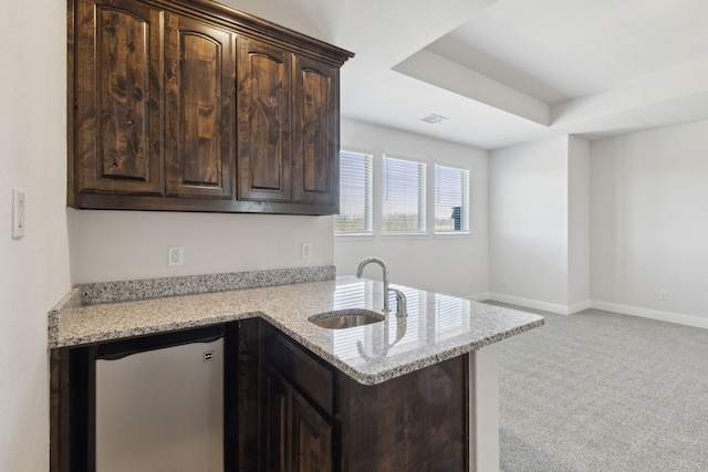 kitchen with dark brown cabinetry, light colored carpet, refrigerator, and a sink