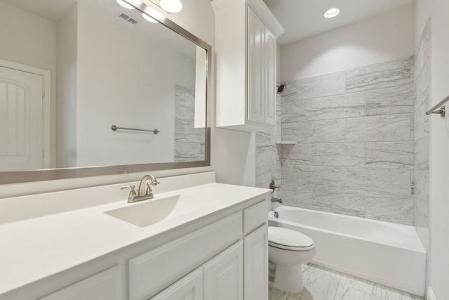 full bathroom featuring vanity, visible vents, tub / shower combination, toilet, and marble finish floor