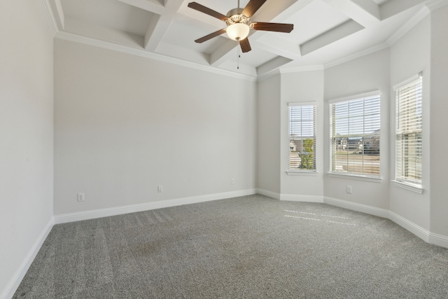 unfurnished room with carpet, baseboards, beam ceiling, coffered ceiling, and a ceiling fan