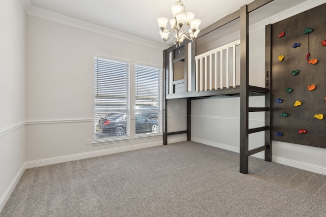 unfurnished bedroom with baseboards, an inviting chandelier, carpet flooring, and crown molding