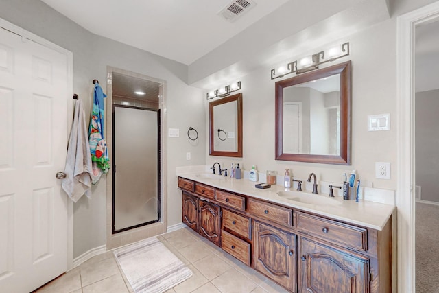 full bath with tile patterned floors, visible vents, a shower stall, and a sink