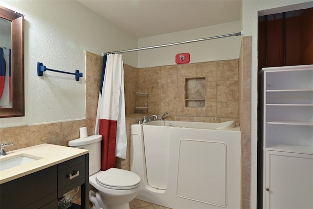 full bathroom featuring a shower with curtain, toilet, tile walls, and a tub to relax in