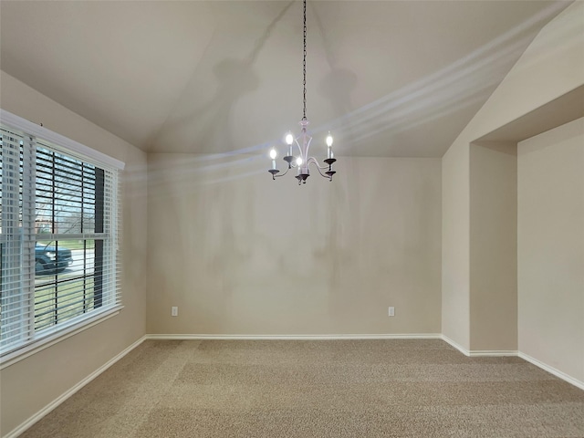 unfurnished room with baseboards, light carpet, lofted ceiling, and a chandelier