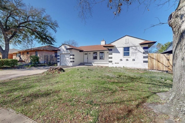 view of front of home with a front lawn, fence, concrete driveway, a chimney, and an attached garage