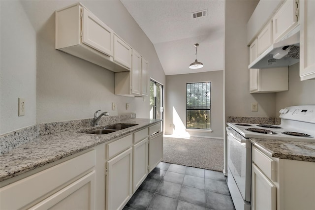 kitchen with white range with electric cooktop, a sink, lofted ceiling, light carpet, and under cabinet range hood