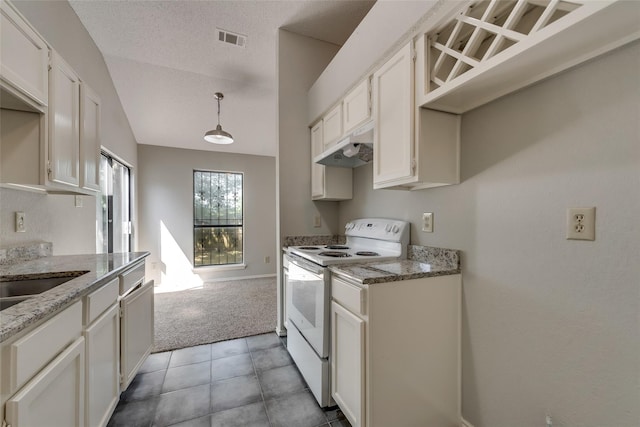 kitchen featuring electric stove, under cabinet range hood, light carpet, lofted ceiling, and light stone countertops