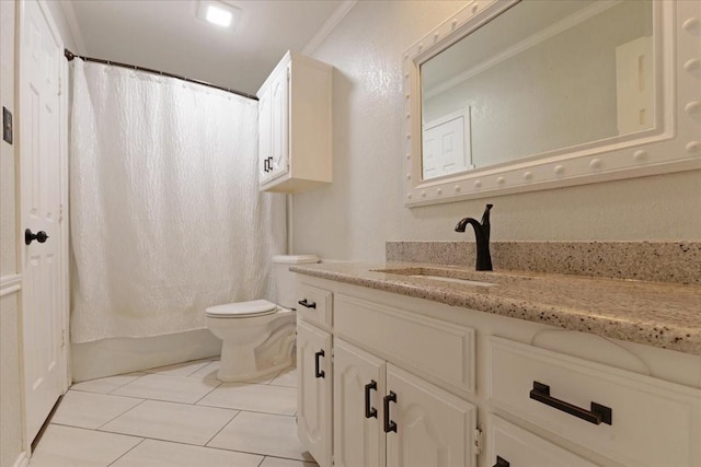 full bath with toilet, crown molding, vanity, and tile patterned flooring