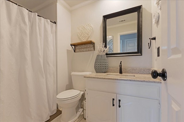 full bath with visible vents, vanity, toilet, and crown molding