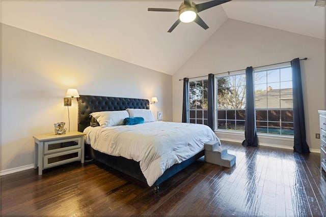 bedroom featuring high vaulted ceiling, baseboards, dark wood-style flooring, and ceiling fan