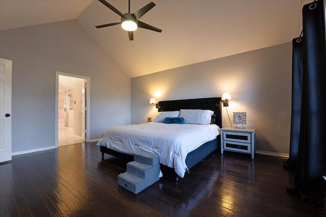 bedroom featuring ceiling fan, baseboards, ensuite bathroom, high vaulted ceiling, and wood-type flooring