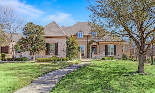 french country inspired facade featuring stucco siding, stone siding, and a front lawn