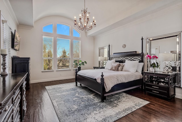 bedroom with crown molding, dark wood-type flooring, baseboards, vaulted ceiling, and a notable chandelier