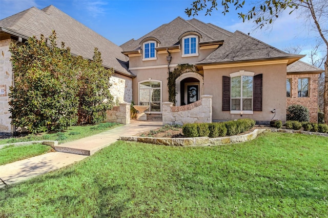 french country style house with stucco siding and a front yard