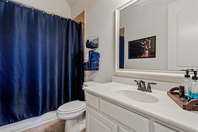 full bathroom featuring vanity, toilet, a shower with curtain, and tile patterned flooring