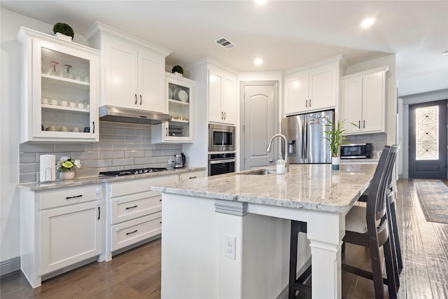 kitchen featuring visible vents, under cabinet range hood, a sink, dark wood-style floors, and stainless steel appliances