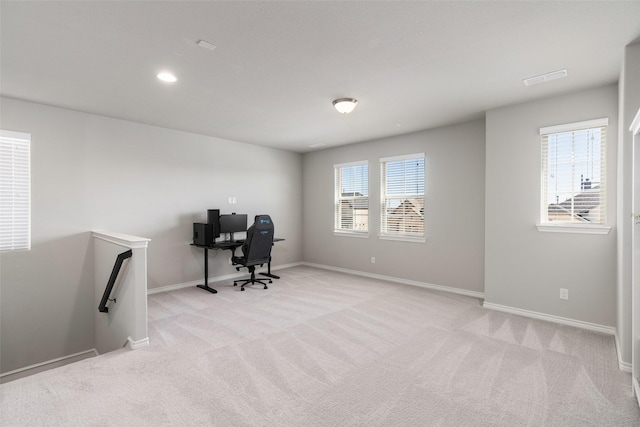 home office featuring light carpet, recessed lighting, and baseboards