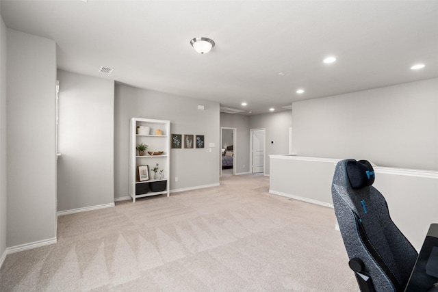 home office featuring light colored carpet, visible vents, recessed lighting, and baseboards