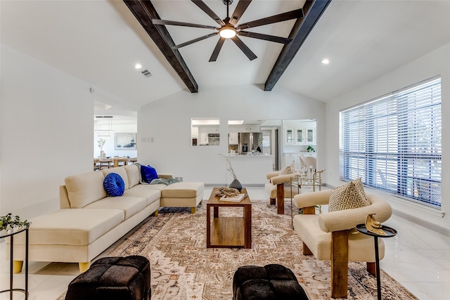 living room with visible vents, baseboards, lofted ceiling with beams, marble finish floor, and a ceiling fan