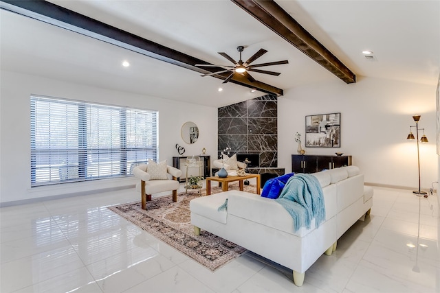 living area with vaulted ceiling with beams, recessed lighting, baseboards, and ceiling fan