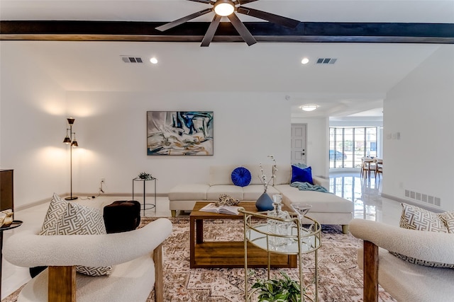 living area with recessed lighting, visible vents, beamed ceiling, and ceiling fan