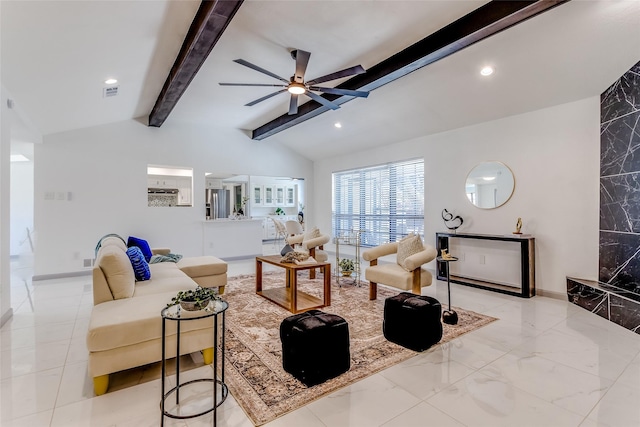 living room with baseboards, visible vents, vaulted ceiling with beams, and a ceiling fan