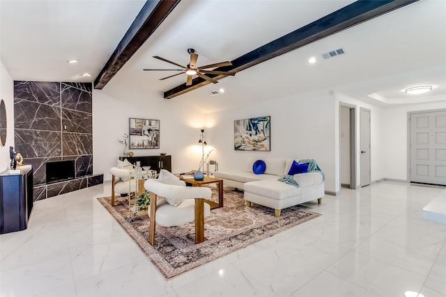 living room featuring visible vents, beamed ceiling, marble finish floor, a ceiling fan, and recessed lighting