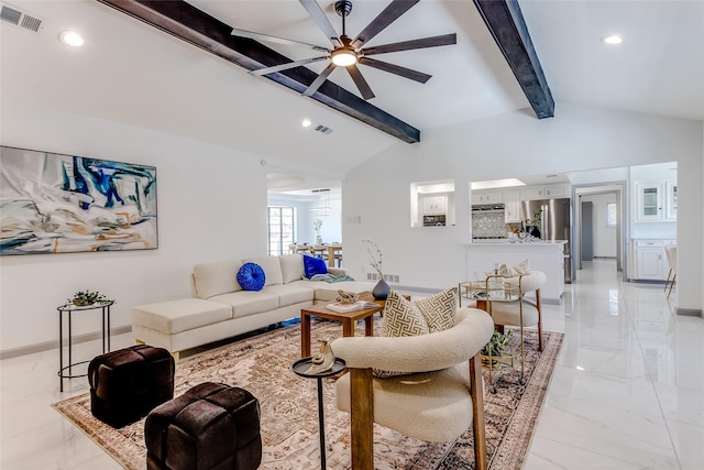 living area featuring visible vents, baseboards, lofted ceiling with beams, and ceiling fan