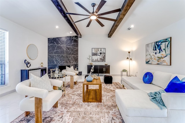 living room with visible vents, beam ceiling, a ceiling fan, recessed lighting, and a fireplace