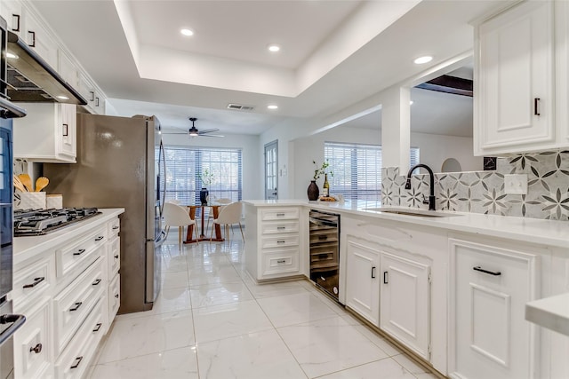 kitchen with backsplash, wine cooler, a tray ceiling, a ceiling fan, and a sink