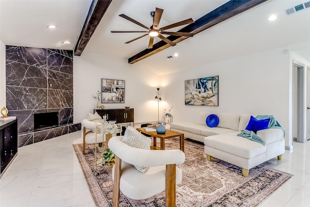 living area with recessed lighting, visible vents, marble finish floor, and a ceiling fan