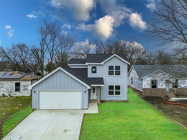 modern inspired farmhouse featuring driveway, roof with shingles, board and batten siding, a front yard, and a garage