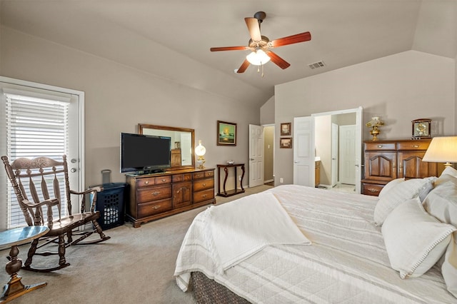 bedroom featuring light carpet, visible vents, a ceiling fan, and vaulted ceiling