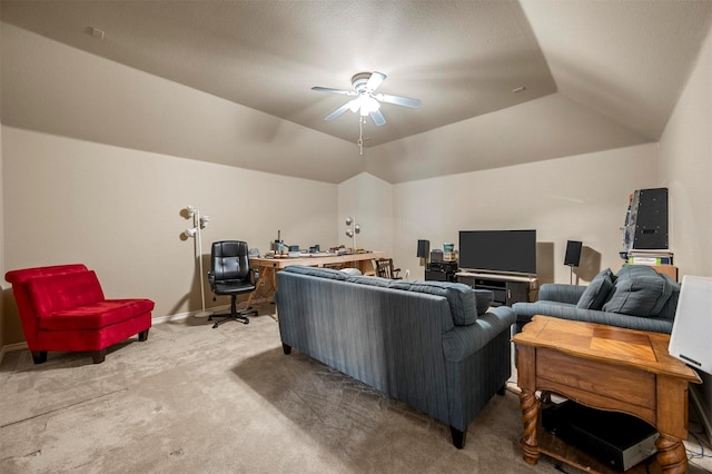 living room featuring light carpet, baseboards, a ceiling fan, and lofted ceiling