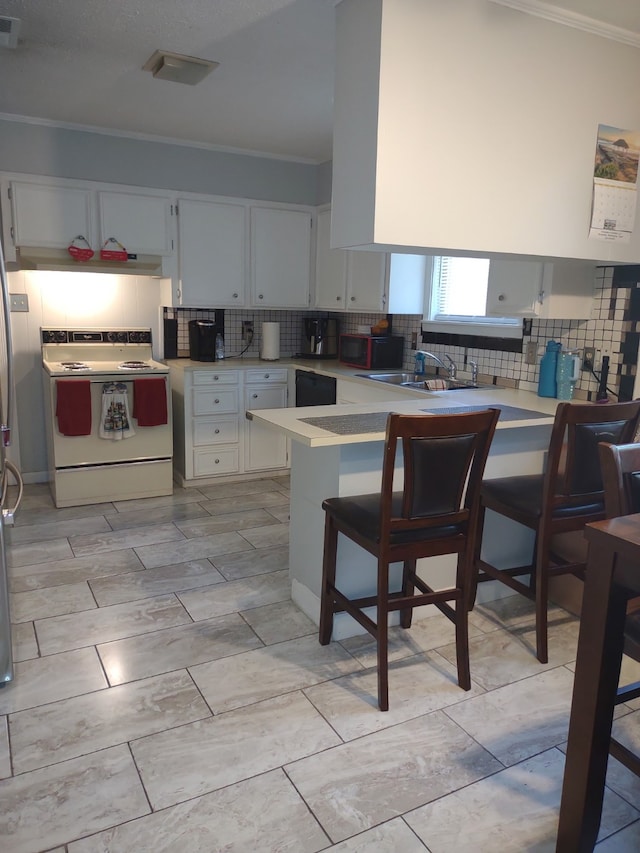 2039 Lovers Ln, Shreveport, LA 71105 - kitchen featuring electric stove, crown molding, backsplash, light countertops, and a peninsula