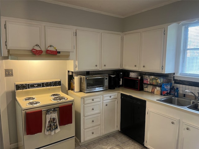 2039 Lovers Ln, Shreveport, LA 71105 - kitchen with black appliances, backsplash, light countertops, white cabinets, and ornamental molding