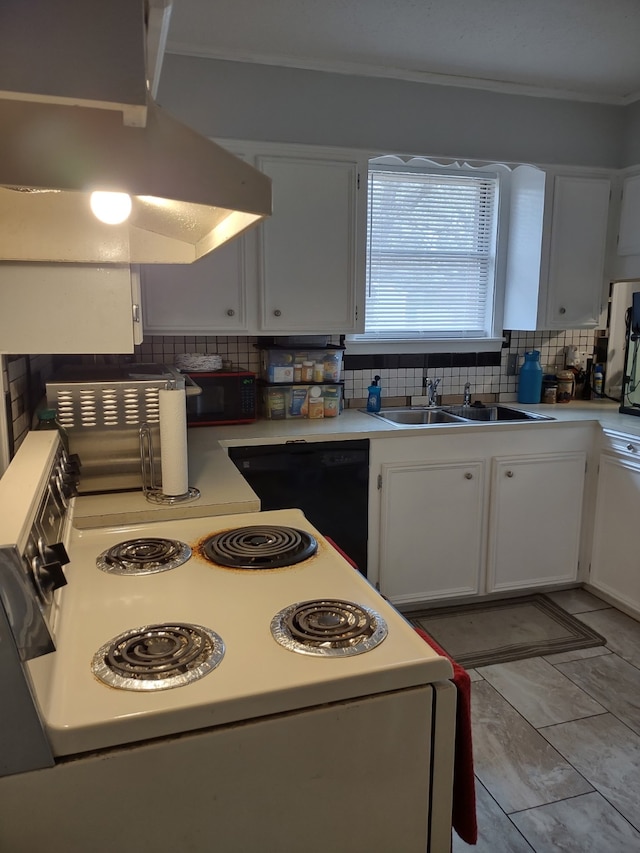 kitchen with black appliances, ventilation hood, backsplash, and a sink