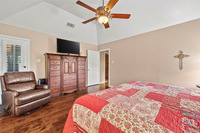 bedroom with dark wood-type flooring, a ceiling fan, visible vents, and high vaulted ceiling