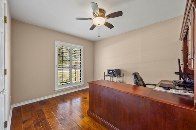 unfurnished office featuring baseboards, ceiling fan, and dark wood-style flooring