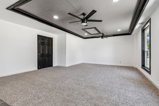 unfurnished room featuring visible vents, a ceiling fan, recessed lighting, carpet, and baseboards