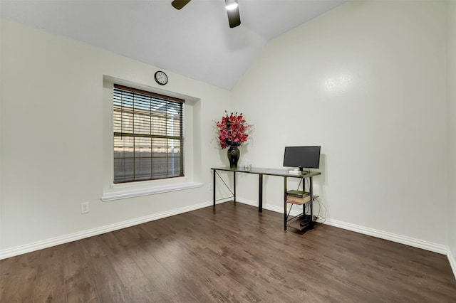 unfurnished room with a ceiling fan, lofted ceiling, dark wood-style floors, and baseboards