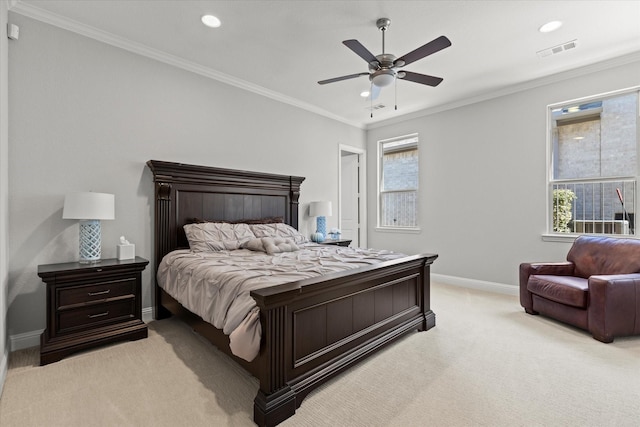 bedroom with visible vents, light carpet, ornamental molding, recessed lighting, and baseboards